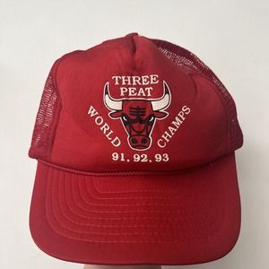 Vintage Chicago Bulls Three Peat SnapBack Hat Red Trucker Hat